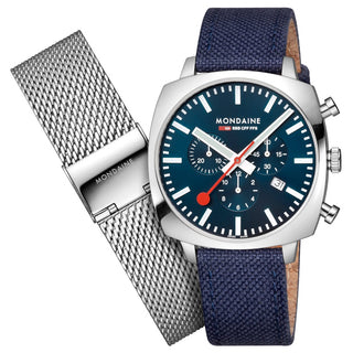 Cushion, 41 mm, Blaue Nachhaltigkeitsuhr, MSL.41440.LD.SET, Vorderansicht der Uhr mit dem Originalarmband und dem zusätzlichen Armband.