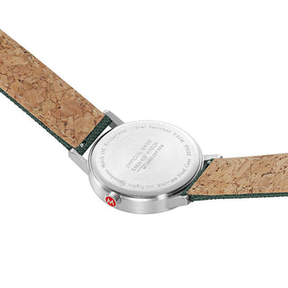 Classic, 40 mm, Waldgrüne Uhr, A660.30360.60SBF, Ansicht des Gehäusebodens mit Mondaine Gravur