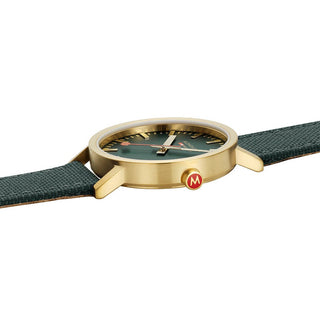 Classic, 40 mm, Waldgrüne goldene Uhr, A660.30360.60SBS, Detailansicht der roten Krone und des Textilarmband