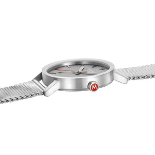 Classic, 40 mm, Good grey Edelstahl Uhr, A660.30360.80SBJ, Detailansicht der roten Krone und des Edelstahlarmbands