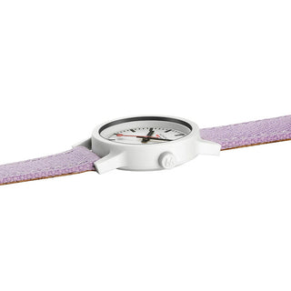 essence, 32 mm, Wildlavendel nachhaltige Uhr, MS1.32110.LQ1, Detailansicht der roten Krone und des Textilarmband