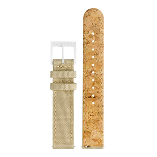 essence white, 32mm, nachhaltige Uhr für Damen, MS1.32110.LS, Ansicht der Vorder- und Hinterseite des Armbands aus Textil mit Naht