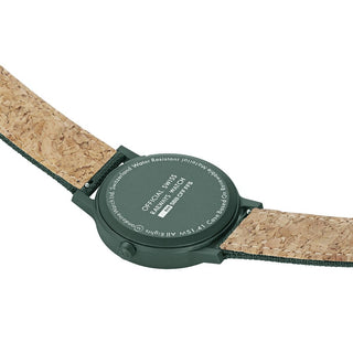 essence, 41mm, Park-Grüne nachhaltige Uhr, MS1.41160.LF, Ansicht des Gehäusebodens mit Mondaine Gravur