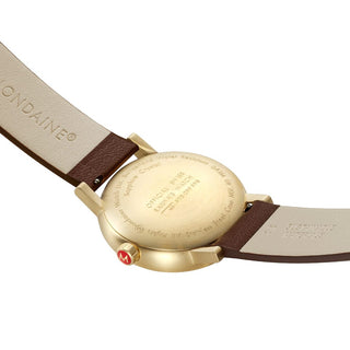 evo2, 40mm, Goldenes Veganes Trauben Leder Uhr, MSE.40112.LGV, Ansicht des Gehäusebodens mit Mondaine Gravur
