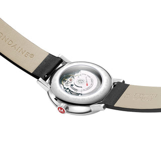 evo2 Automatic, 40 mm, Schwarzes Veganes Trauben Leder Uhr, MSE.40610.LBV, Ansicht des Gehäusebodens mit Mondaine Gravur